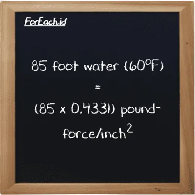 How to convert foot water (60<sup>o</sup>F) to pound-force/inch<sup>2</sup>: 85 foot water (60<sup>o</sup>F) (ftH2O) is equivalent to 85 times 0.4331 pound-force/inch<sup>2</sup> (lbf/in<sup>2</sup>)